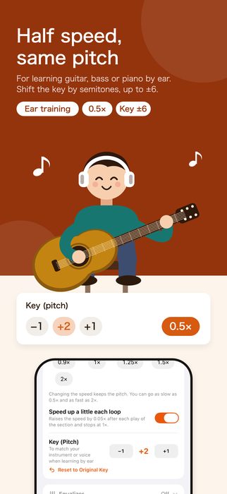 Half speed, same pitch. Shift the key by semitones, up to ±6
