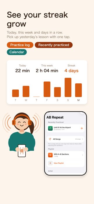 See your streak grow. Practice log