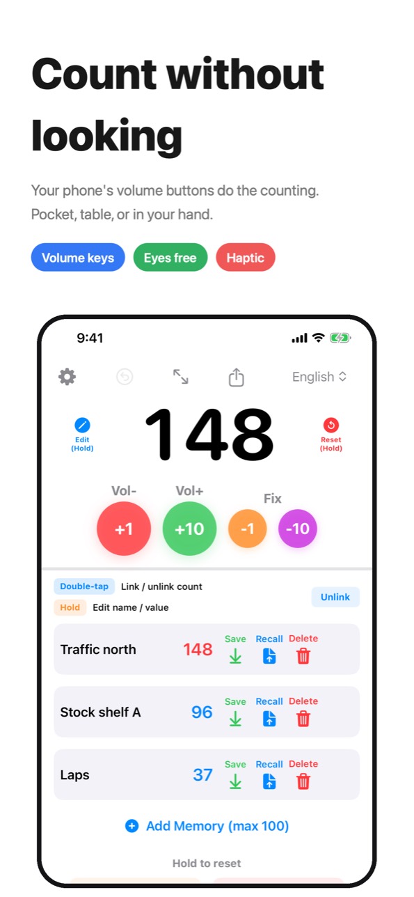 Count without looking — the volume buttons do the counting