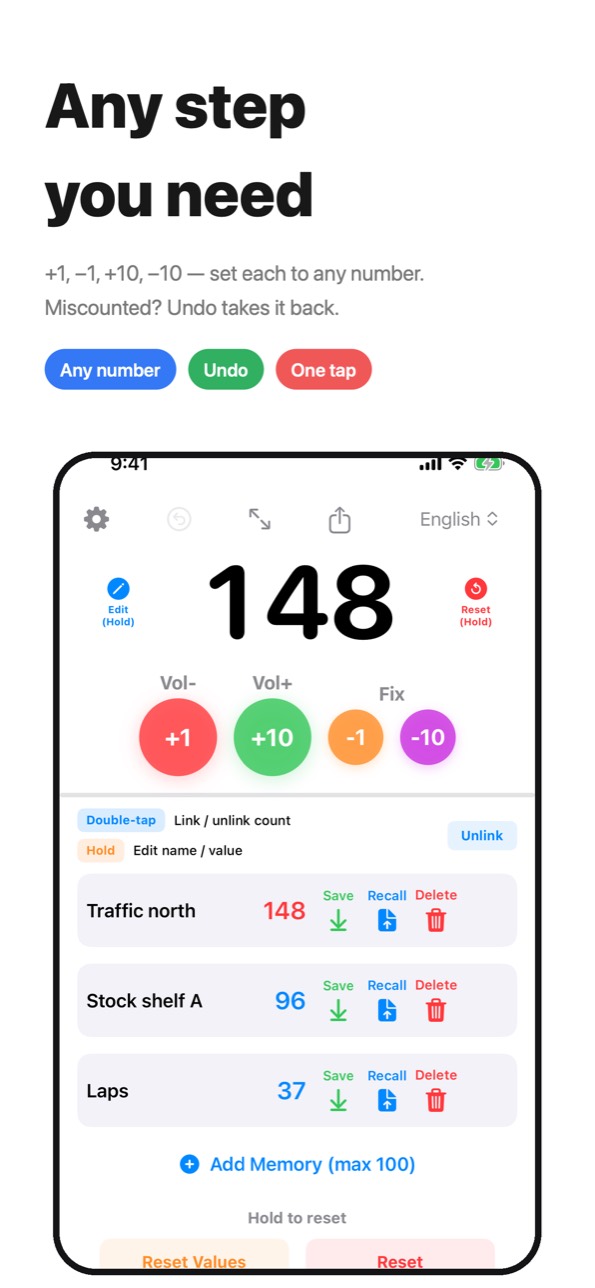 Any step you need — set each of the four buttons to any number