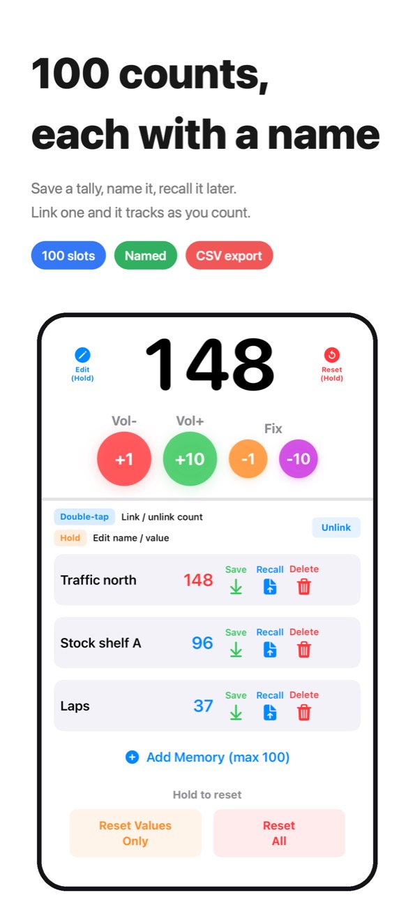 100 counts, each with a name — save, name and recall a tally