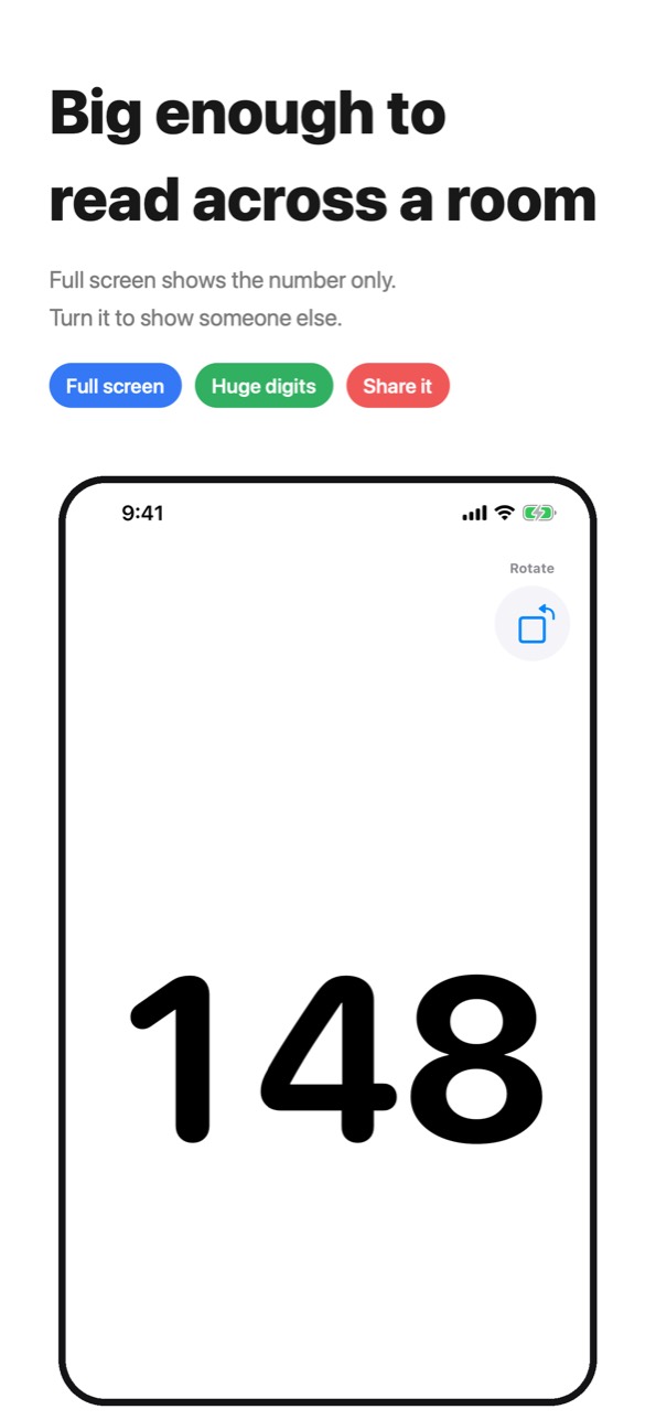 Big enough to read across a room — full screen shows the number only