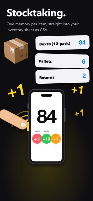 Stocktaking — one memory per item, straight into your inventory sheet