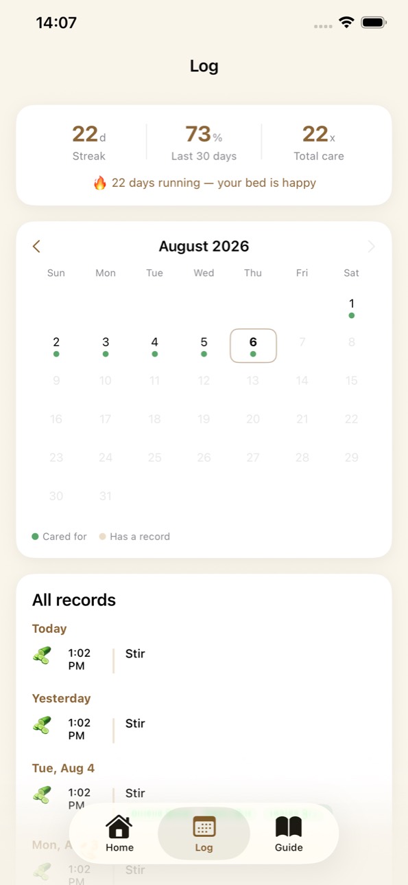 Log — streak, calendar and the full history of care