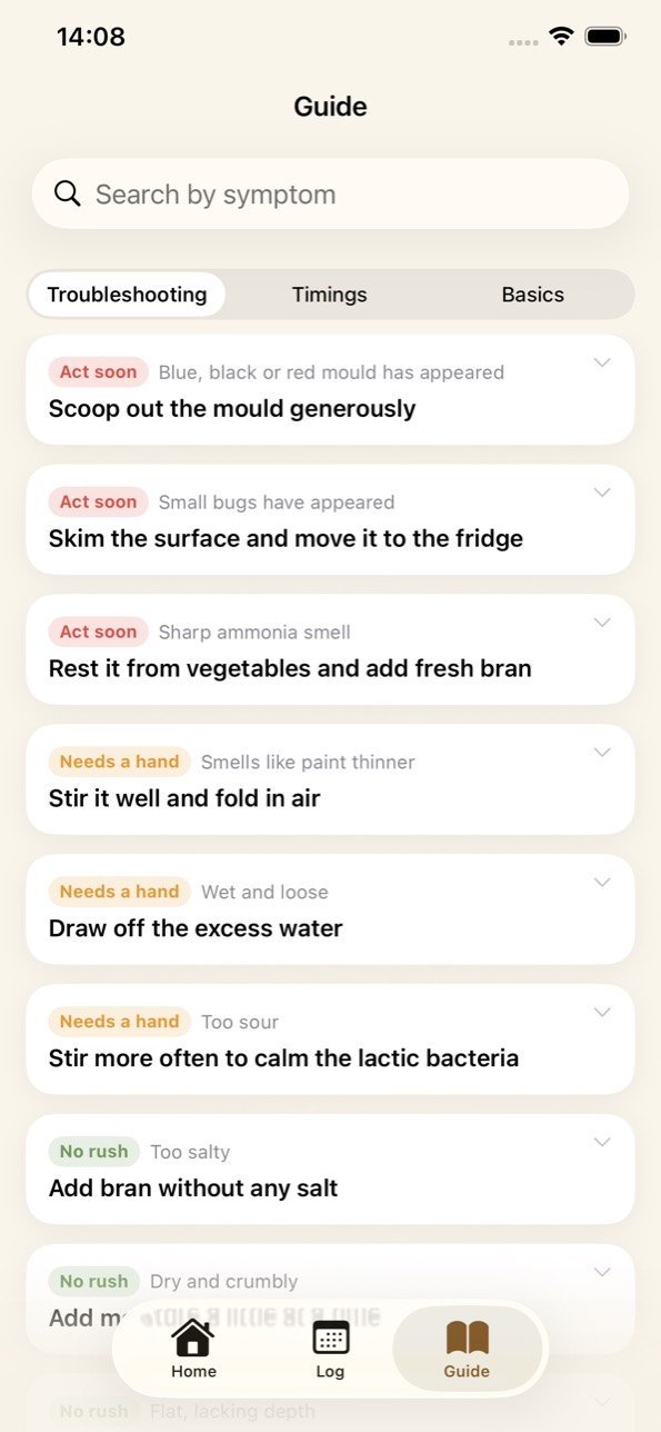 Guide — fixes by symptom, and pickling times by vegetable