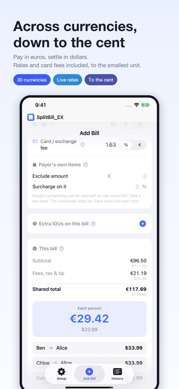 Across currencies, down to the cent — rates and card fees included