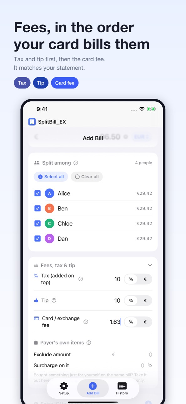 Fees, in the order your card bills them — tax and tip first, then the card fee
