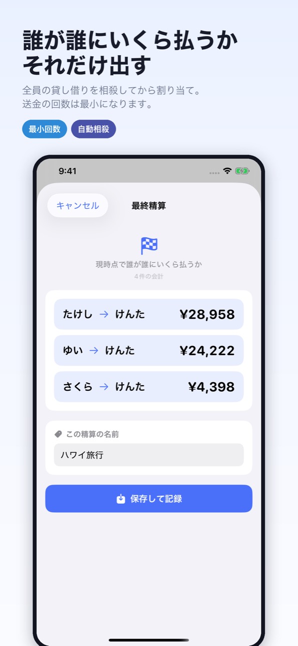 全員の貸し借りを相殺し、送金回数を最小にした最終精算