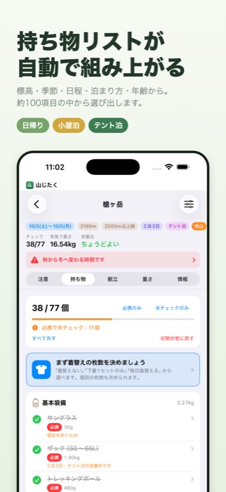 持ち物リストが自動で組み上がる
